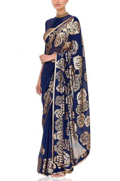 Navy blue embellished chiffon sari set