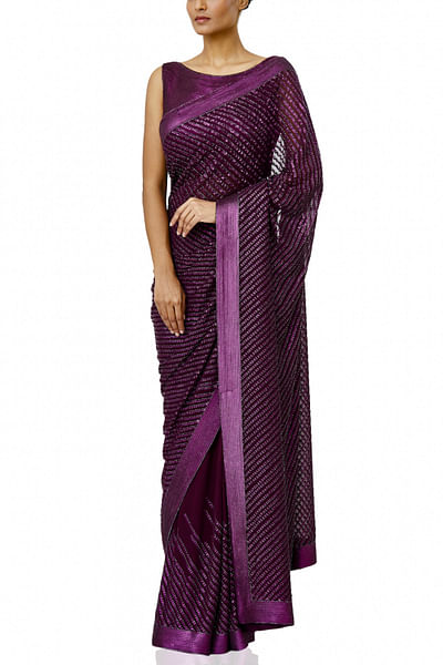 Aubergine striped chiffon sari set