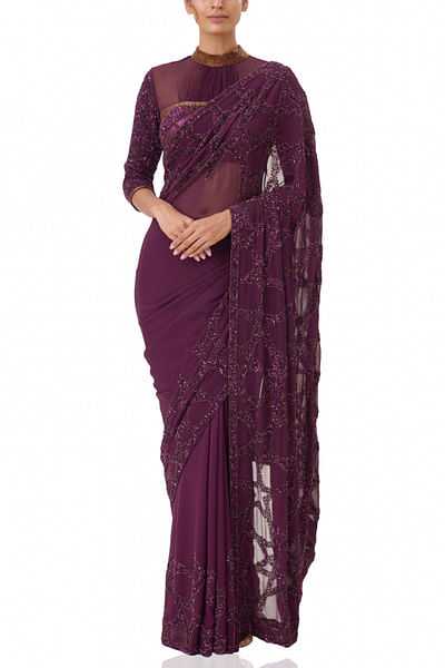 Aubergine embellished sari set