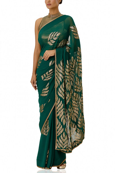 Emerald green chiffon sari set