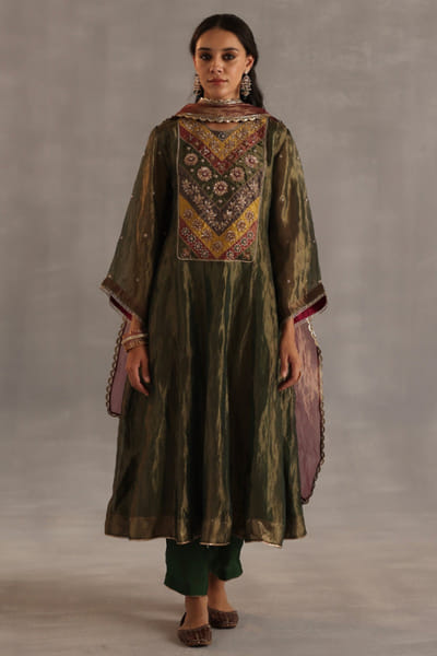 Olive green hand embroidered kurta set