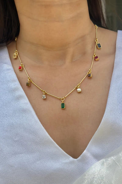 Gold plated navratna stone silver necklace