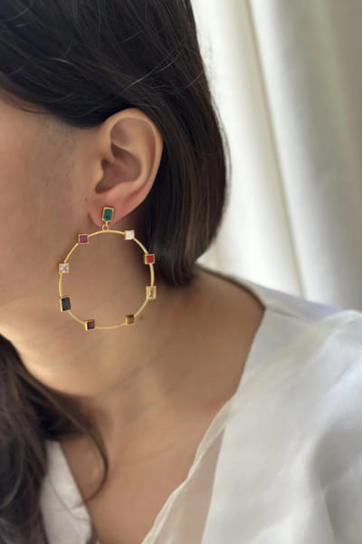 Gold plated stone studded silver hoop earrings