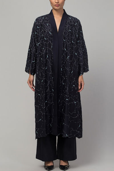Navy blue bead embroidery long jacket