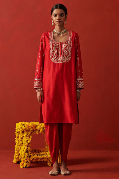 Red sequin embroidered kurta set