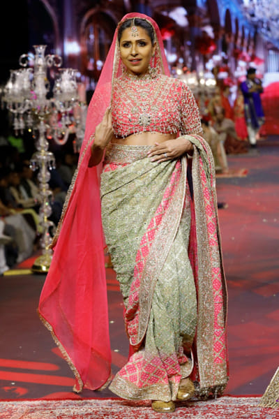 Itrh Pink and green jewel embellished sari set ITRHMAY26D144219