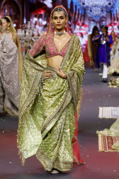 Itrh Green and pink embroidered tissue sari set ITRHMAY26D144223