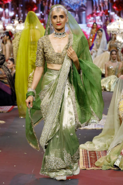 Itrh Green and gold gota embroidered sari set ITRHMAY26D144227