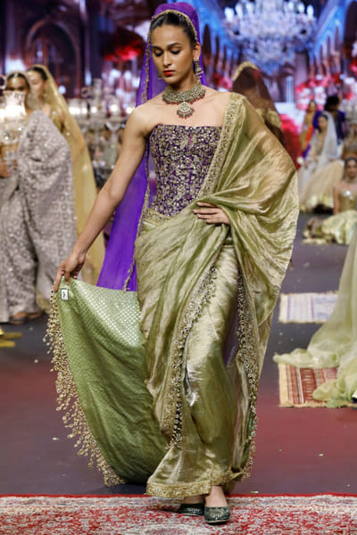 Itrh Green and purple zardozi embroidered sari set ITRHMAY26D144229