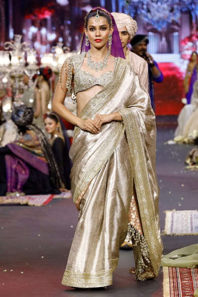 Itrh Rosegold and blue embroidered brocade sari set ITRHMAY26D144230