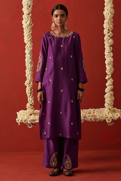 Purple cutdana embroidered kurta set