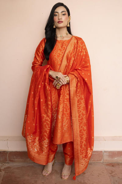 Orange zari anarkali set