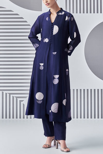 Indigo circle thread work kalidaar kurta