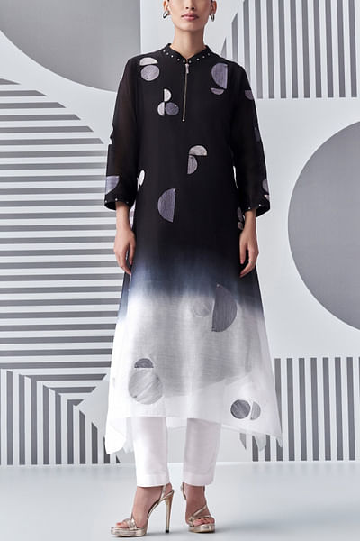 Black and white circle thread work kurta