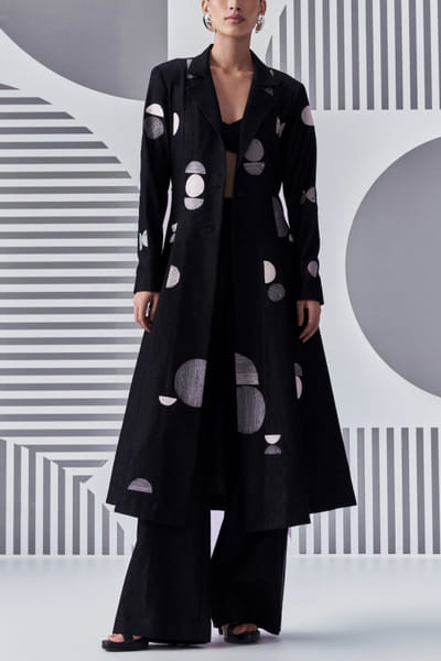 Nachiket Barve Denim black circle thread work jacket set NABSEP24D119