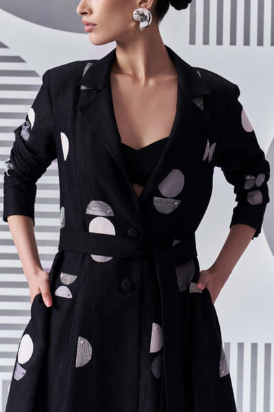 Nachiket Barve Denim black circle thread work jacket set NABSEP24D119