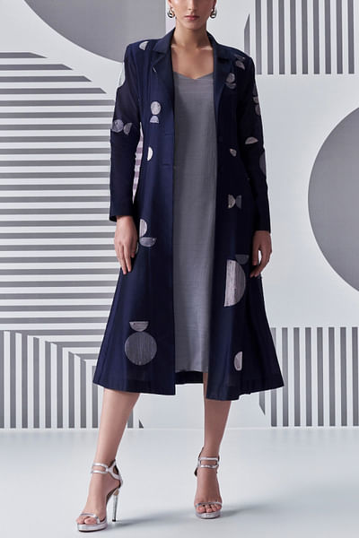 Indigo grey circle thread work jacket dress