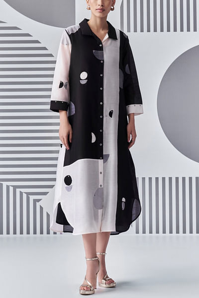 Black and white circle thread work shirt dress