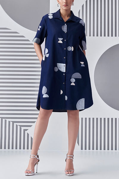 Denim blue circle thread work shirt dress