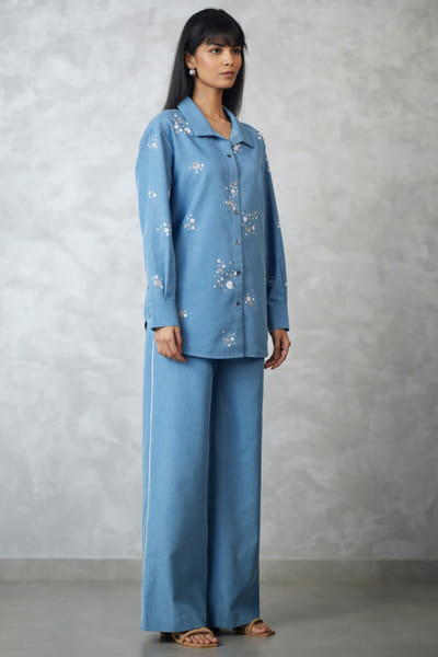 Nachiket Barve Light blue pearl embroidered denim co-ord set NACSEP25D132895