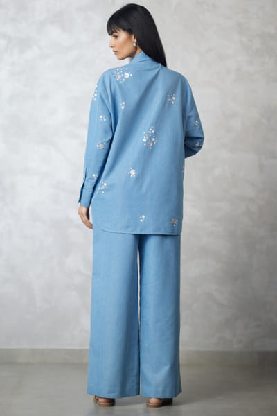 Nachiket Barve Light blue pearl embroidered denim co-ord set NACSEP25D132895