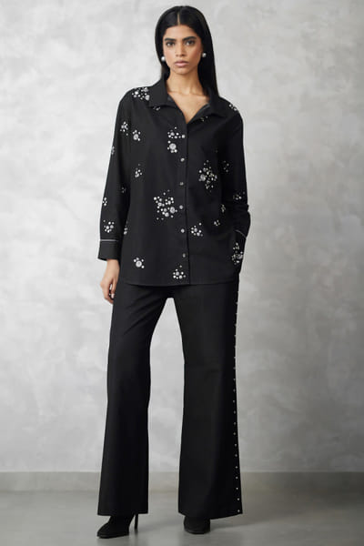 Nachiket Barve Black pearl embroidered denim co-ord set NACSEP25D132893