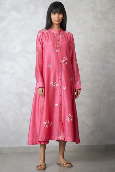Coral pink embroidered dress and slip