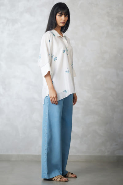 Nachiket Barve Ivory pearl embroidered denim co-ord set NACSEP25D132899