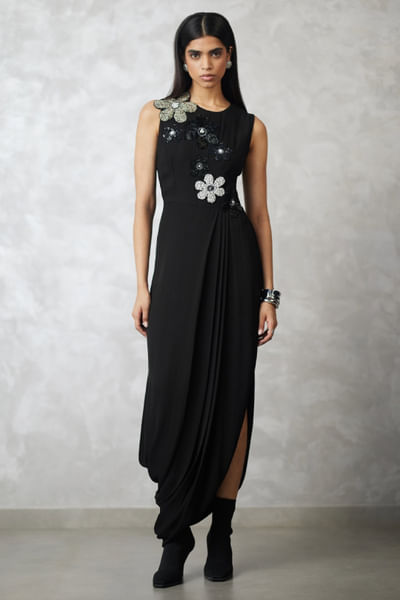 Black pearl embellished drape dress