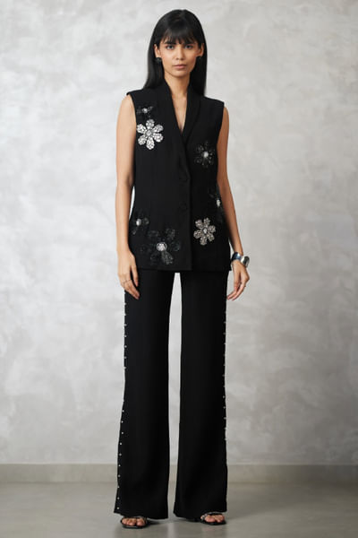 Black pearl embellished blazer set