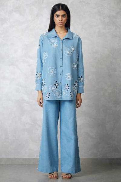 Light blue denim cutwork co-ord set