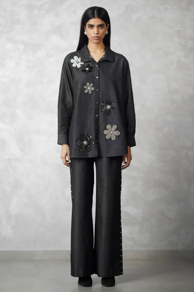 Black pearl embellished denim co-ord set