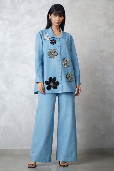 Light blue pearl embellished denim co-ord set