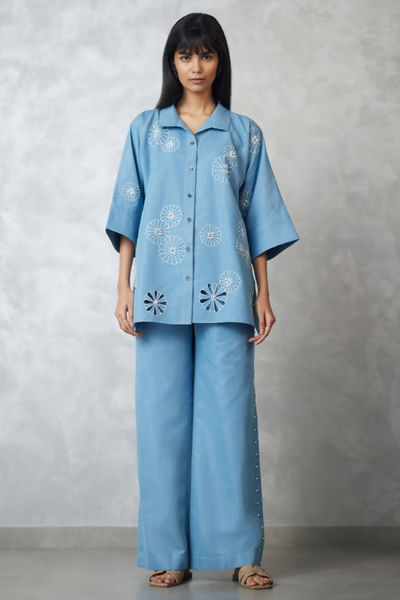 Light blue pearl embroidered denim co-ord set