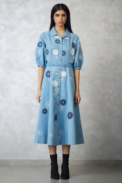 Light blue appliqué belted dress