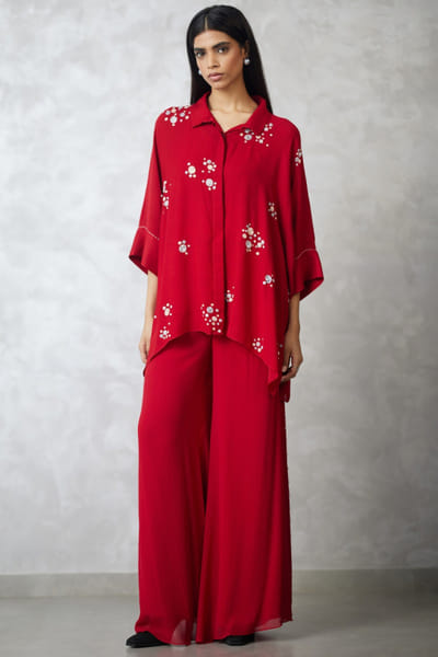 Nachiket Barve Red pearl embroidered co-ord set NACSEP25D132896