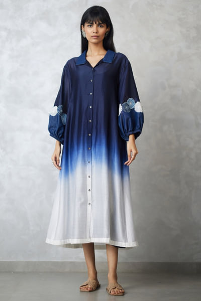 Indigo and white ombre appliqué denim dress