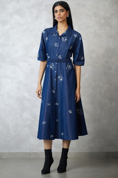 Dark blue embroidered denim dress and belt