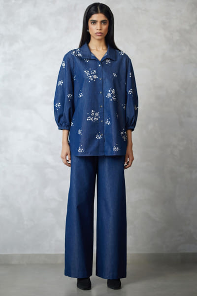 Nachiket Barve Dark blue embroidered denim co-ord set NACSEP25D132894