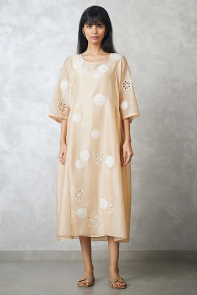 Beige appliqué gathered dress