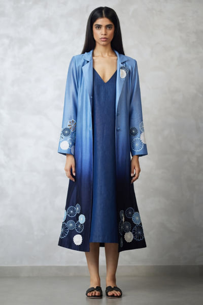 Blue ombre cutwork appliqué jacket dress