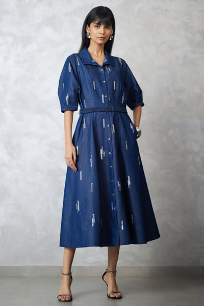 Dark blue denim belted dress