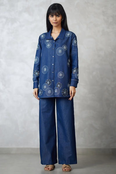 Dark blue denim cutwork co-ord set