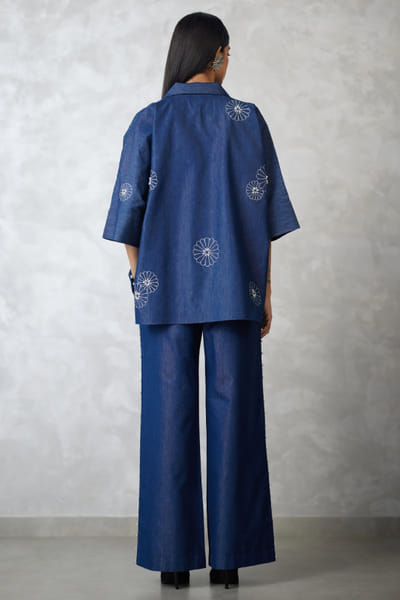 Nachiket Barve Dark blue pearl embroidered denim co-ord set NACSEP25D133515