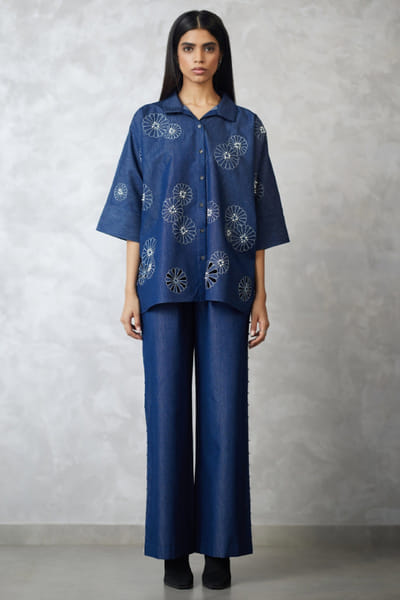 Nachiket Barve Dark blue pearl embroidered denim co-ord set NACSEP25D133515