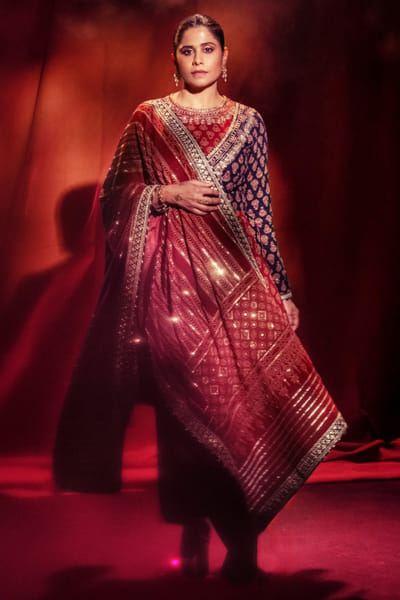 Red and black ajrakh print embroidered anarkali set