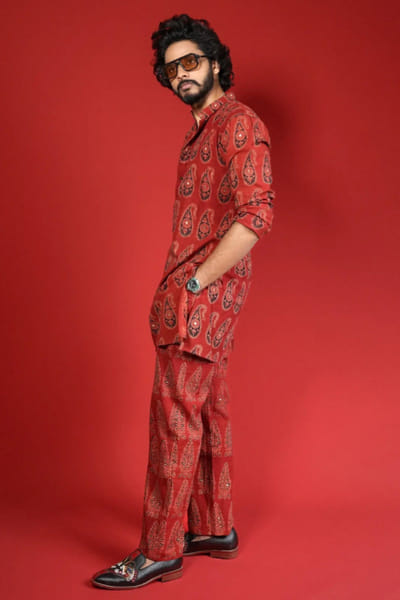 Rust red ajrakh print embroidered kurta set