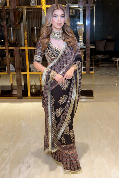 Nitya Bajaj Charcoal black ajrakh printed sari set NITAPR26D141790