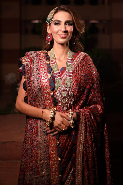 Brick red ajrakh print embroidered sari set