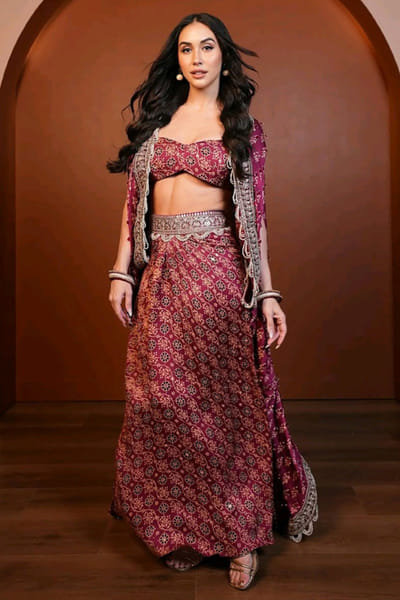 Red and black ajrakh printed drape skirt set